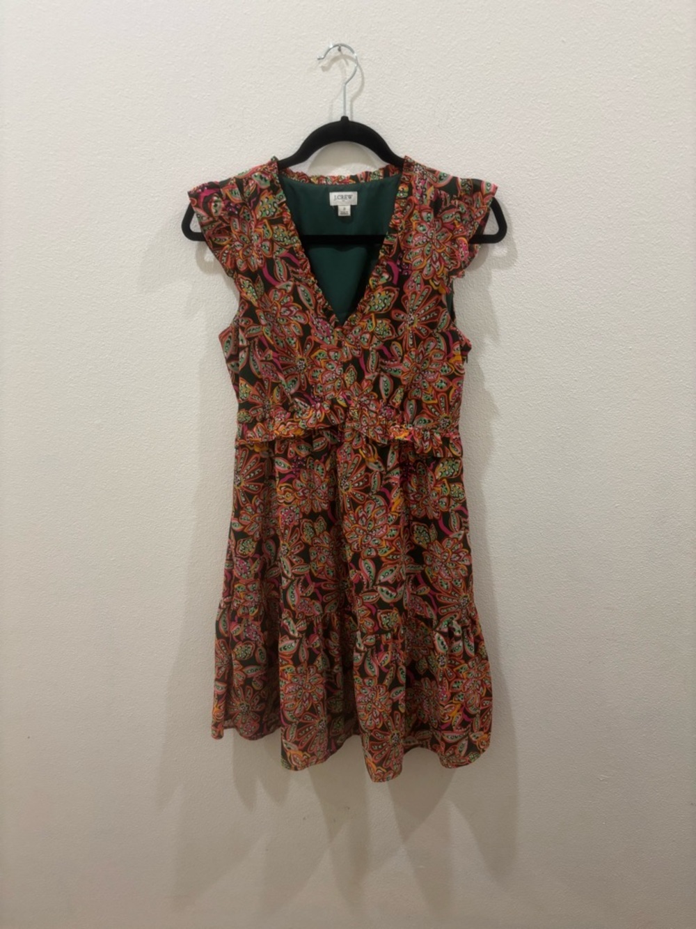 J. Crew Paisley Midi Dress ruffle tired summer boho size 2 Green red pink fun - Picture 2 of 14